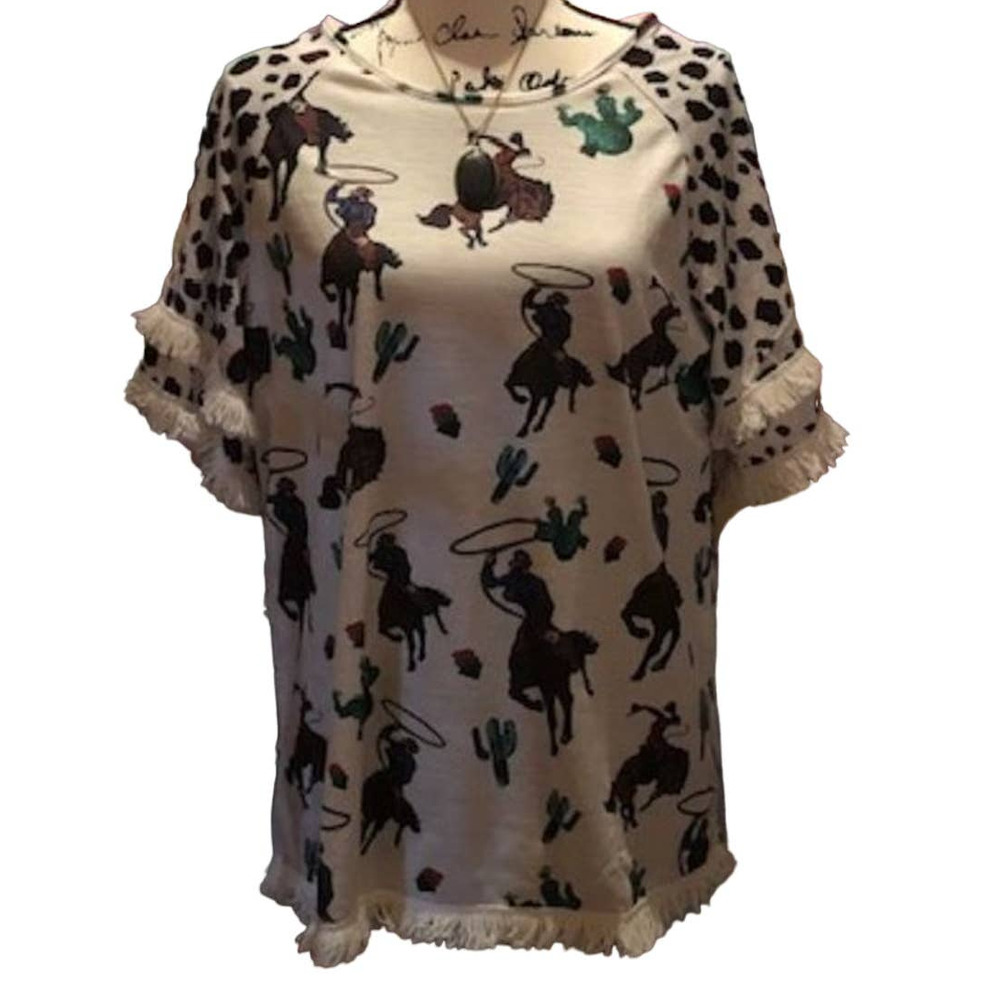 Western Theme Short Sleeve Tee White w/Leopard Print Sleeves NWOT - Picture 3 of 3